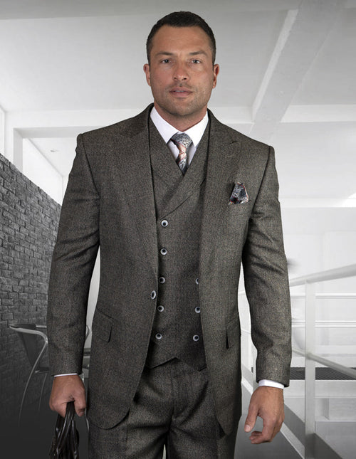 Charcoal grey men's wool suit: single-button jacket with wide peak lapels, matching pleated pants, and a buttoned vest. Classic fit.
