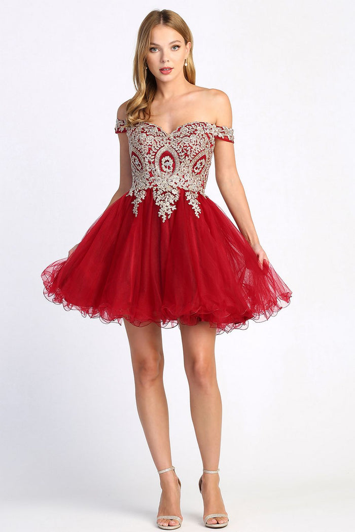 Adora Design 1024 Off Shoulder Applique Ruffled Short Cocktail Dress