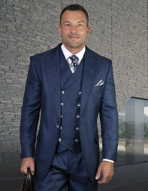 Sapphire wool blend men's suit: single-button jacket with wide peak lapel, matching vest, and pleated pants. Fitted silhouette, lined jacket, and uniform texture.
