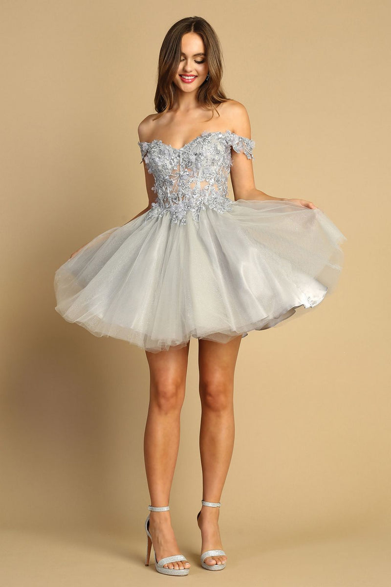 Adora Design 1041 Off Shoulder Floral Applique Glitter Prom Dress