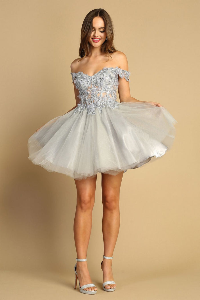 Adora Design 1041 Off Shoulder Floral Applique Glitter Prom Dress