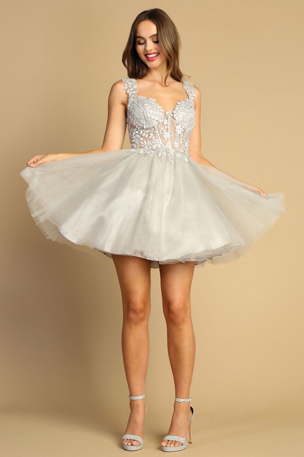 Adora Design 1045 Glitter Tulle Spaghetti Strap A-Line Mini Dress