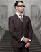 Men's Big & Tall brown, classic fit pant suit. Pleated design, structured form. Features include a 2-button jacket with notch lapel, single-breasted front. Includes matching trousers, dress shirt, and patterned tie.