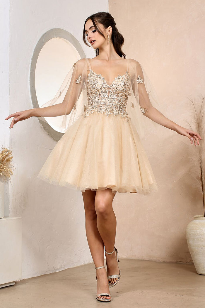 Adora Design 1053 A Line Glitter Tulle Applique Short Cape Dress