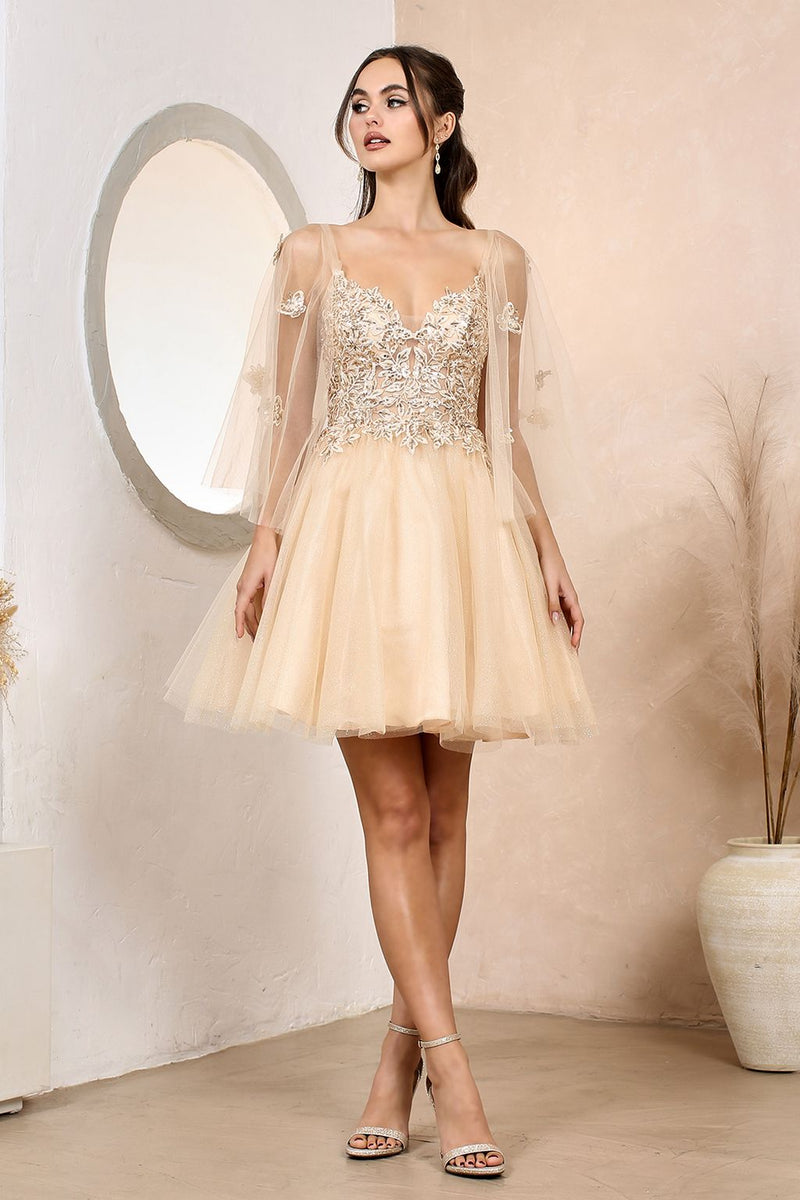 Adora Design 1053 A Line Glitter Tulle Applique Short Cape Dress
