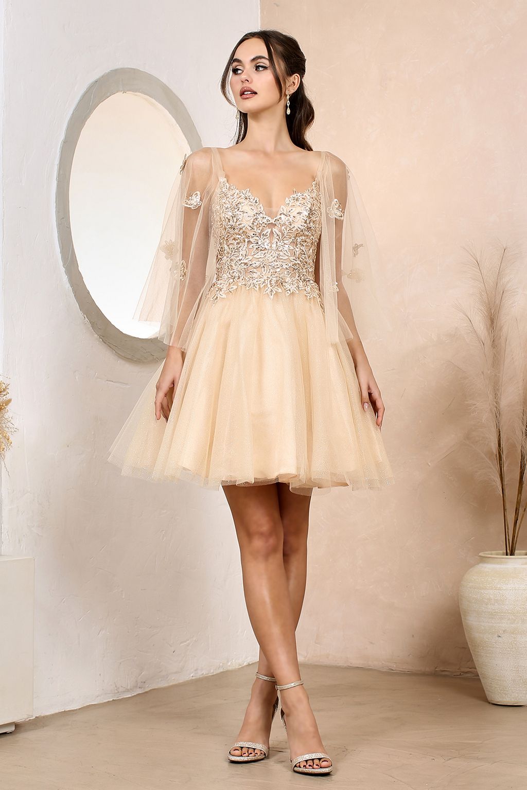 Adora Design 1053 A Line Glitter Tulle Applique Short Cape Dress