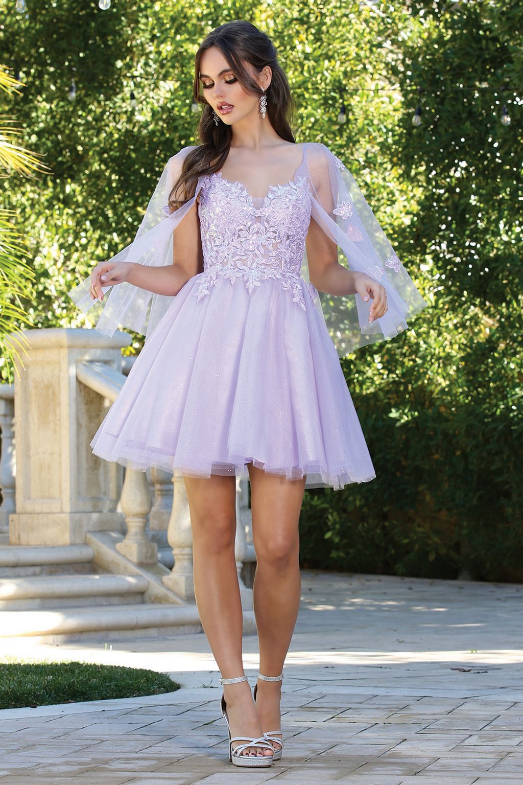 Adora Design 1053 A Line Glitter Tulle Applique Short Cape Dress