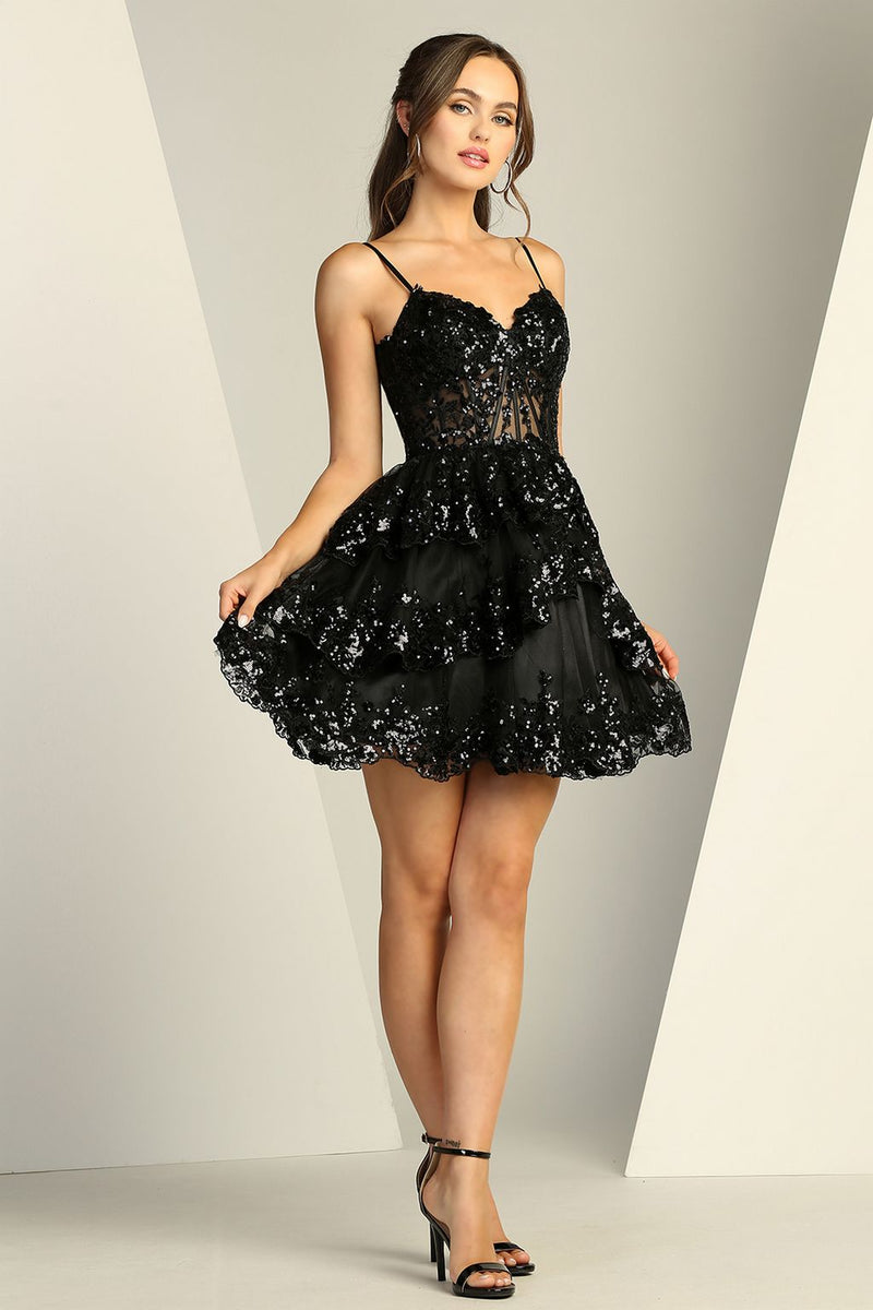 Adora Design 1056 Glitter Corset Tiered Short Homecoming Dress
