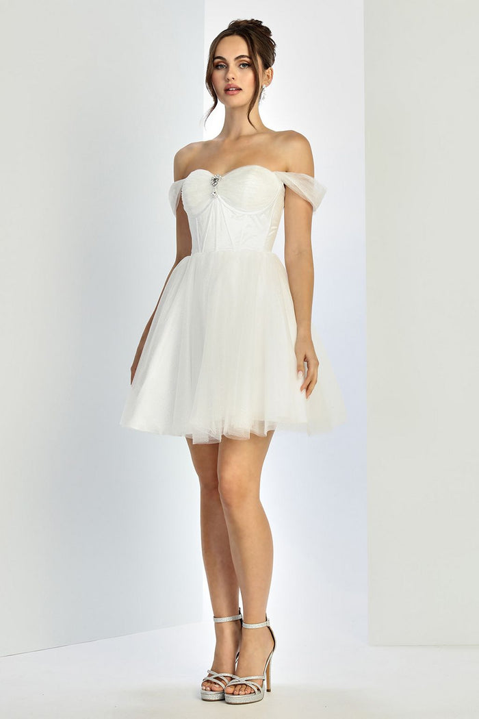 Adora Design 1060 Off Shoulder Glitter Tulle Short Bridal Dress