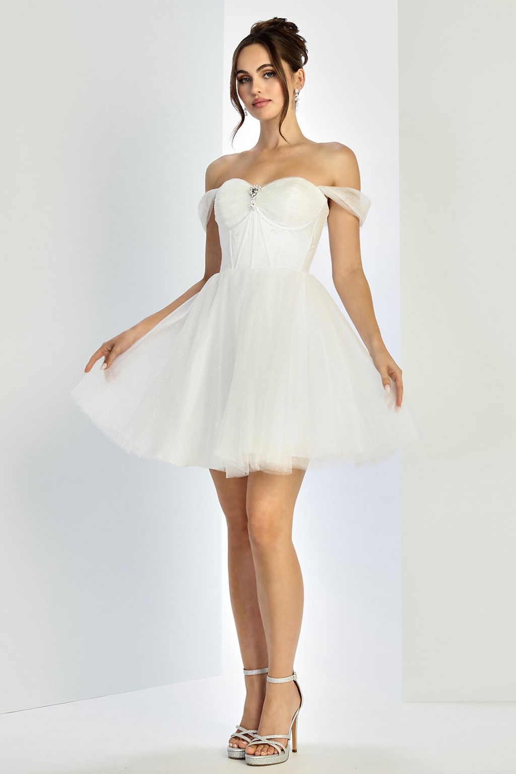 Adora Design 1060 Off Shoulder Glitter Tulle Short Bridal Dress