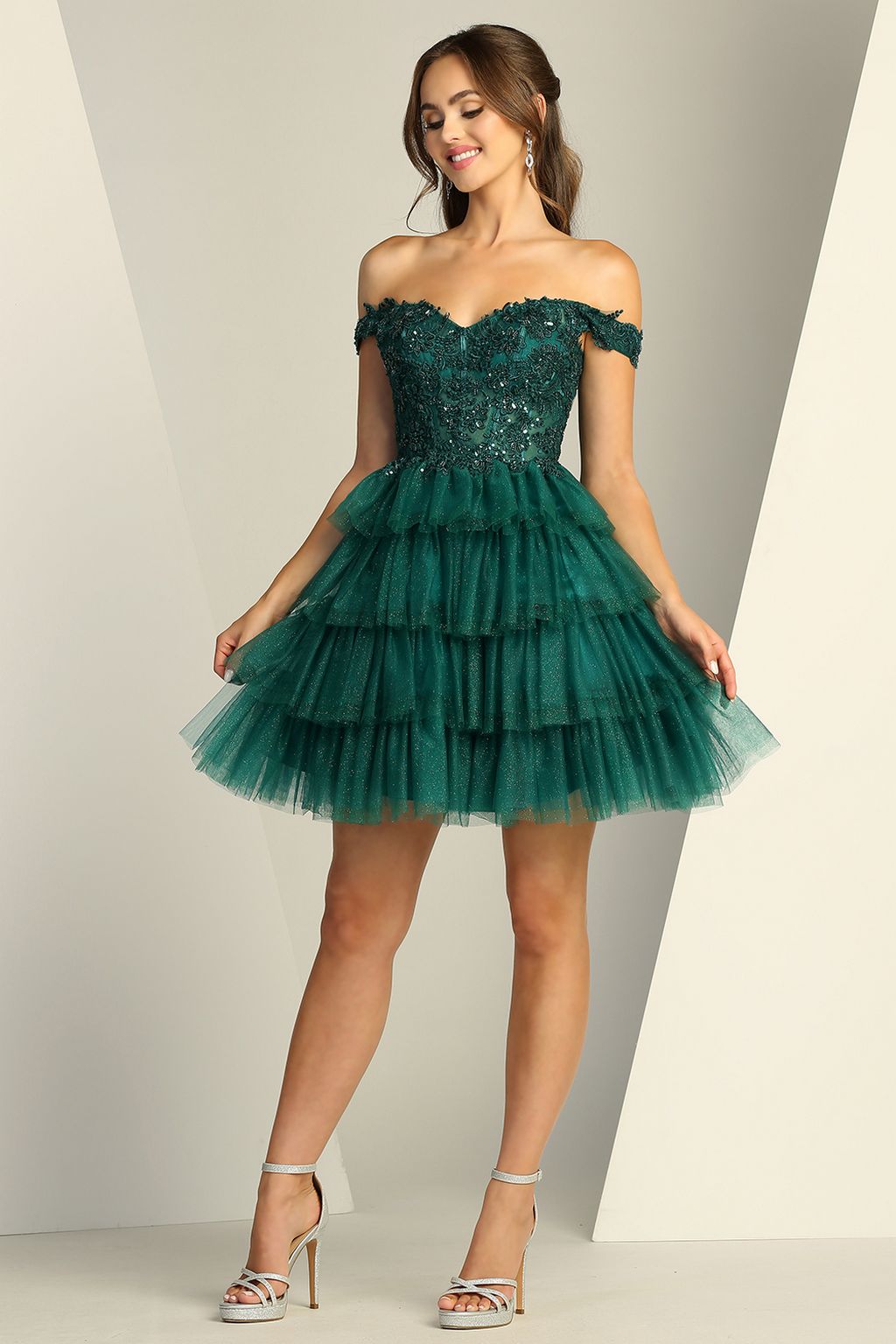 Adora Design 1061 Off Shoulder Glitter Applique Short Prom Dress