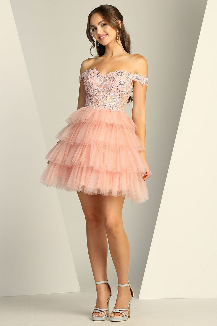Adora Design 1061 Off Shoulder Glitter Applique Short Prom Dress
