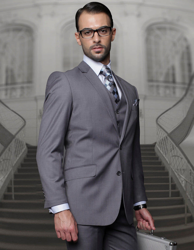 Men's Big & Tall charcoal suit. Classic fit, 2-button jacket, and pleated pants. Structured silhouette.