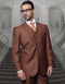 Men's Big & Tall Copper Pleated Pant Suit. Classic fit, two-button jacket with notch lapel. Matching pleated pants, straight leg. Solid copper color, smooth texture.
