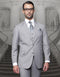 Men's big & tall grey suit. Classic fit, 2-button closure, pleated pants, structured shoulders, notch lapel. Features side pockets. Light grey fabric.