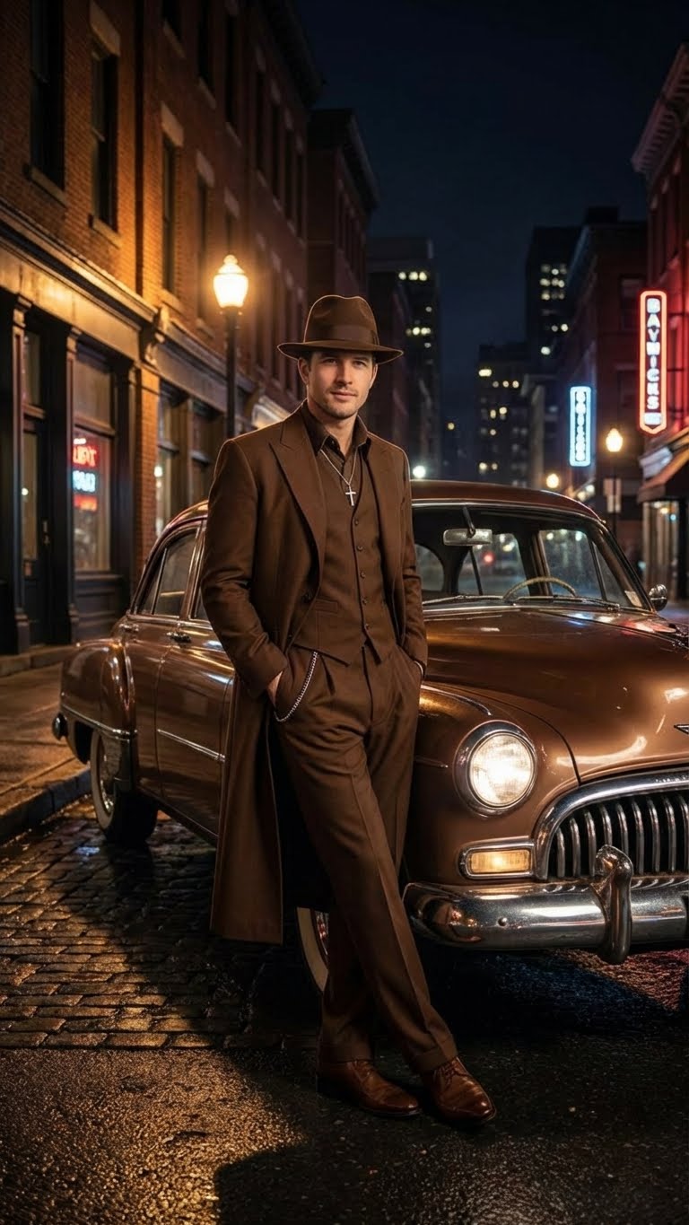 Alberto Nardoni men's 1920s-style zoot suit in dark brown. Features fitted jacket, wide lapels, high-waisted tapered trousers, and matching vest. Smooth wool blend with subtle pinstripes, shoulder pads, and chain. Elongated silhouette.