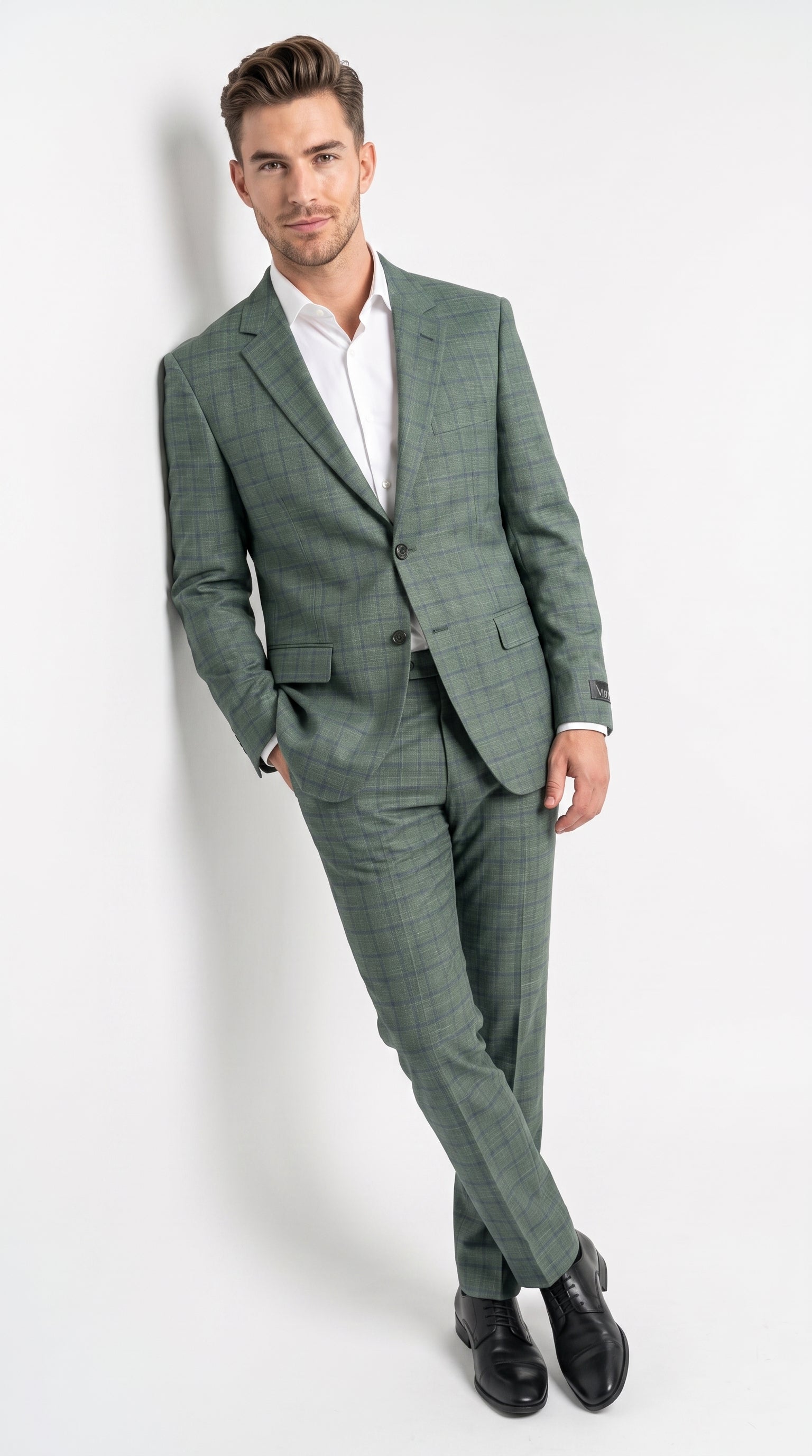 Men’s Tartan olive Green with blue checker Windowpane 2-Piece Suit – Modern Fit Plaid, Business and Formal Suit english styl