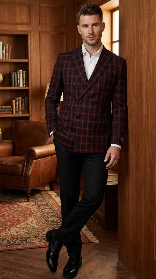 Men's black and red check double-breasted blazer featuring a structured silhouette with two rows of buttons and notched lapels, made from woven fabric with a prominent check pattern.