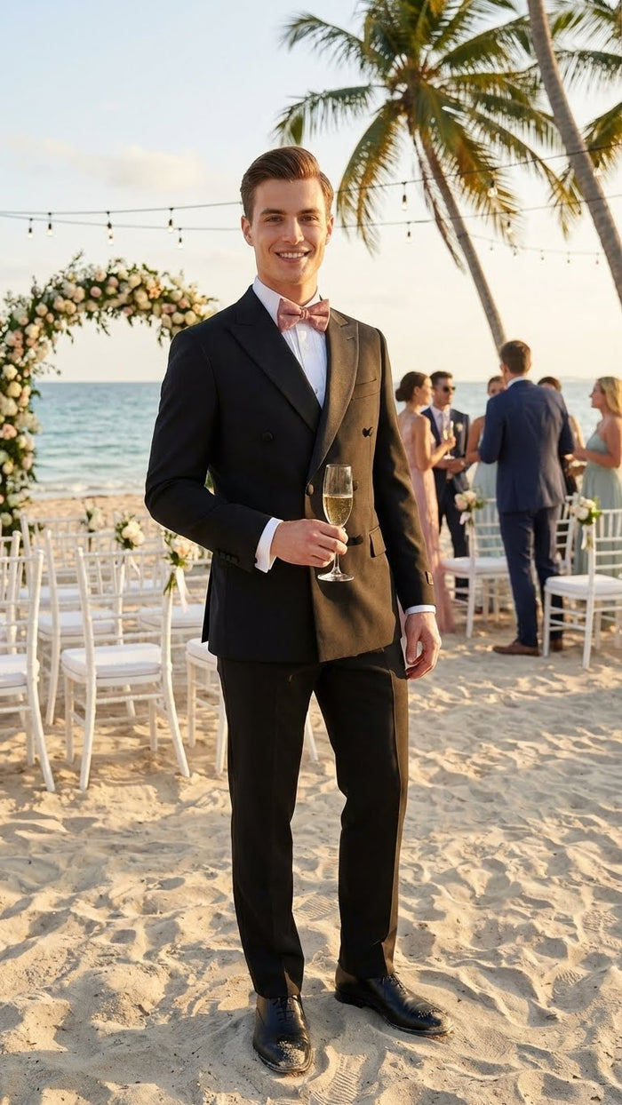 Classic black double-breasted tuxedo. Crafted from 100% Italian wool super 150s. Structured silhouette, pronounced lapels, dual buttons. Tailored trousers. Includes bow tie and black dress shoes.