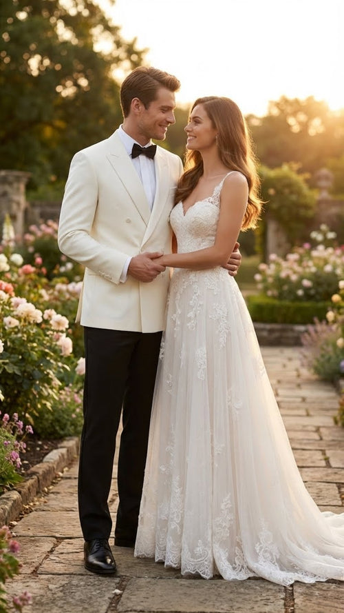 Ivory double-breasted tuxedo jacket by Alberto Nardoni. Structured, fitted silhouette with shawl lapels. Smooth, lightweight woven fabric. Cream/ivory color, double-breasted with visible buttons.
