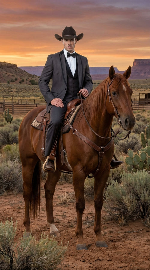 Charcoal Gray Western Tuxedo for Men | Classic Three Piece Formal Wedding and Evening Cowboy Tuxedo Suit With Trim Peak Lapel