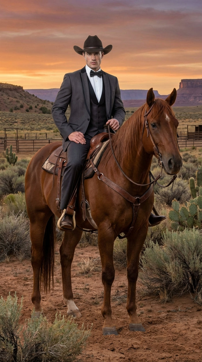 Charcoal Gray Western Tuxedo for Men | Classic Three Piece Formal Wedding and Evening Cowboy Tuxedo Suit With Trim Peak Lapel