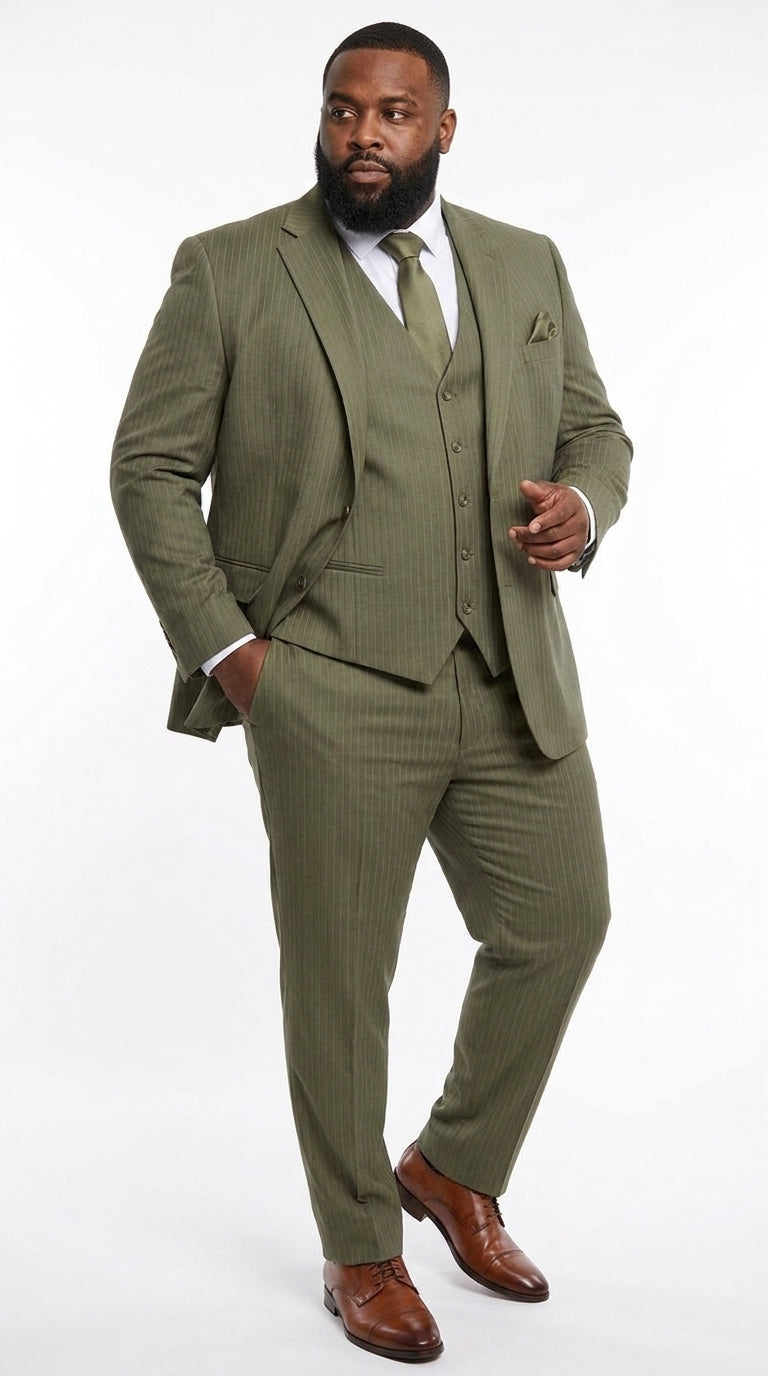 Men’s Olive Green Tone-on-Tone Shadow Pinstripe  3 Piece Suit – Modern Formal Suit with Vest Shadow Stripe