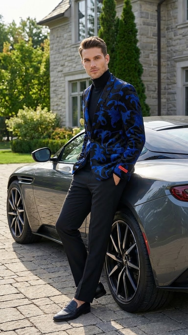 Men's black and royal blue patterned blazer by Alberto Nardoni features a fitted silhouette with a vibrant blue floral design on a black base, visually prominent collar, and a single button closure.