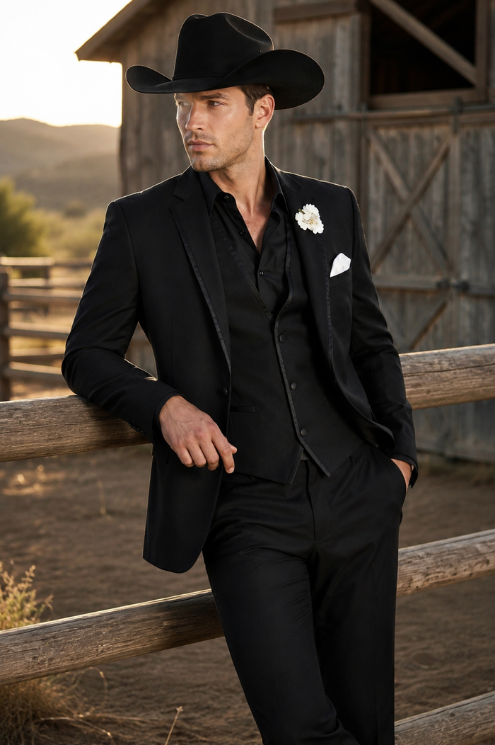 Men’s Black Western Tuxedo Suit, 3 Piece Cowboy Formal Wedding Prom Suit with Satin Trim