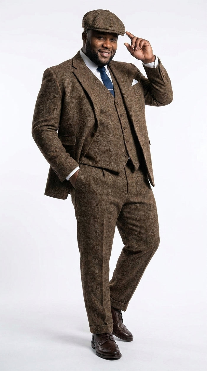 Men’s Thomas Shelby Inspired Brown Herringbone Tweed 3 Piece Suit – Peaky Blinders 1920s Vintage Suit