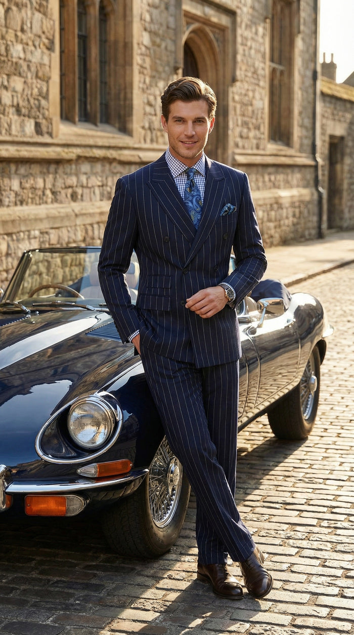 Men's Navy Blue Double Breasted Pinstripe Suit – Modern Fit