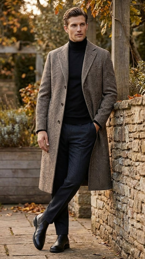 Black grey herringbone overcoat for men. Long, structured design with a slight waist taper. Wool blend, textured fabric. Notched lapel, single-breasted, visible buttons, seam pockets. Tailored sleeves. Elegant silhouette.
