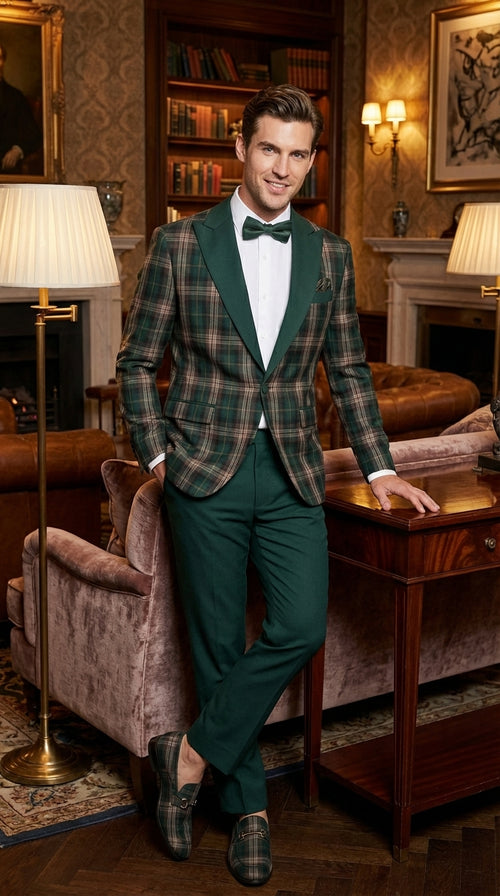 Mens Tartan Green and Brown Blue Plaid Tuxedo Dinner Jacket Set – Checkered Prom Blazer with Dark Green Pants Formal Wedding Party Wear