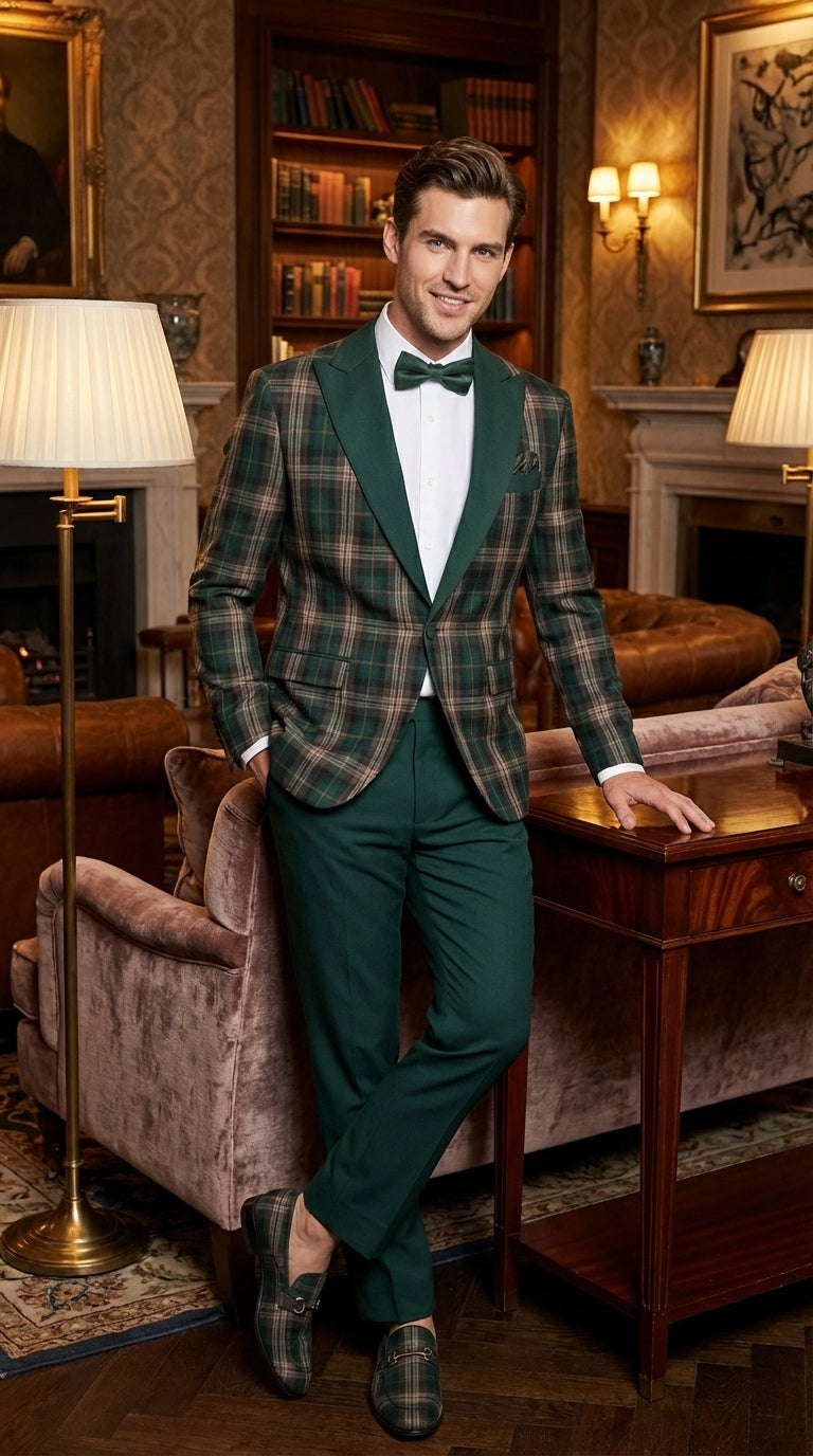 Mens Tartan Green and Brown Blue Plaid Tuxedo Dinner Jacket Set – Checkered Prom Blazer with Dark Green Pants Formal Wedding Party Wear