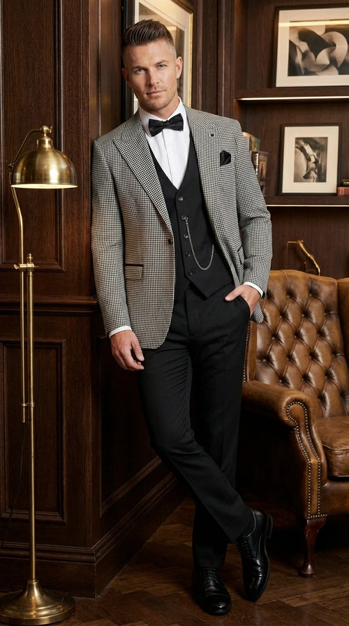 Men’s Black and White Houndstooth Gatsby Inspired Suit – Vintage Style Formal Suit for Wedding, Prom and Classic Events Blazer + Black vest + Black Pants