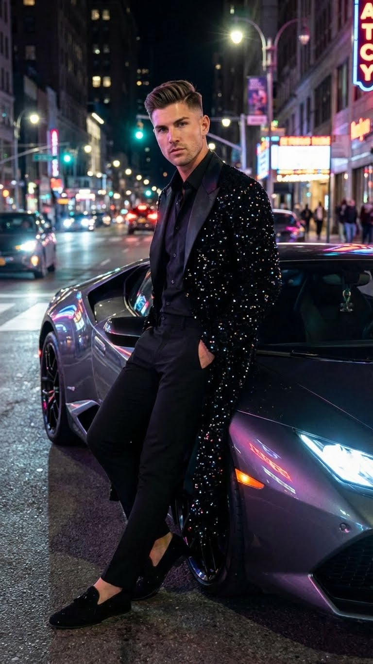 Men's black sequin long coat with satin shawl lapel, fitted silhouette. Features long sleeves, sparkling sequins, and a single-button closure.
