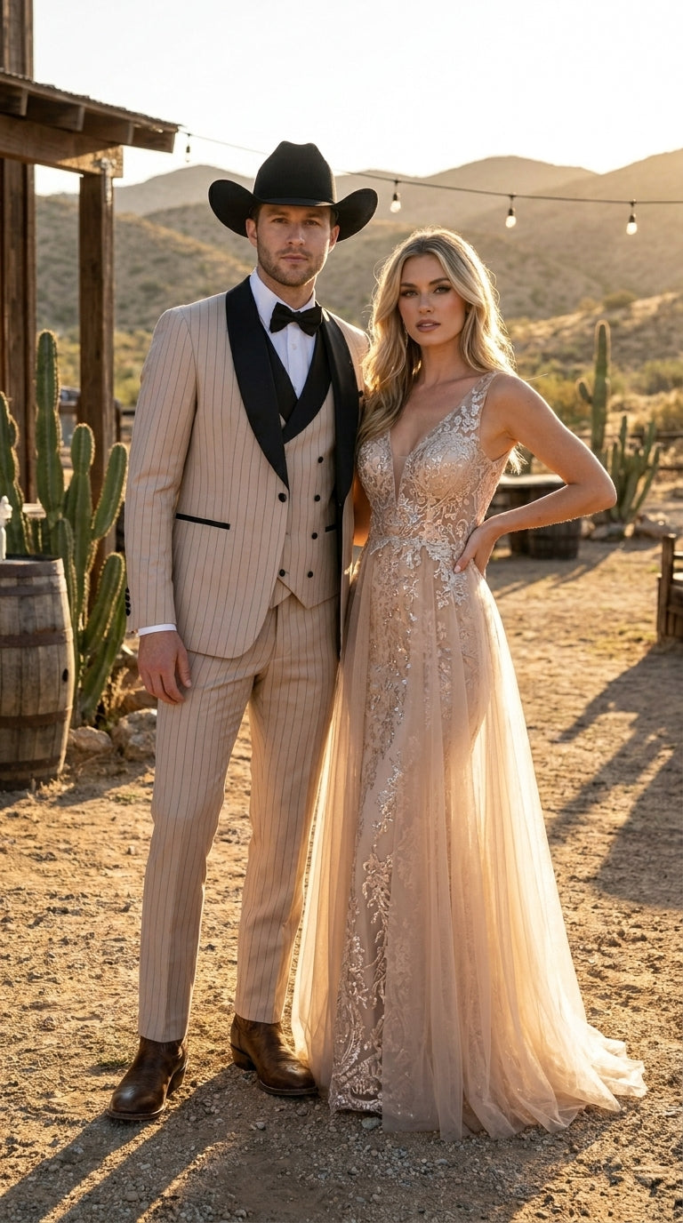 Men’s Beige Pinstripe Western 3 Piece Tuxedo Suit with Black Shawl Lapel, Formal Cowboy Wedding Prom Suit in Tan Khaki Color