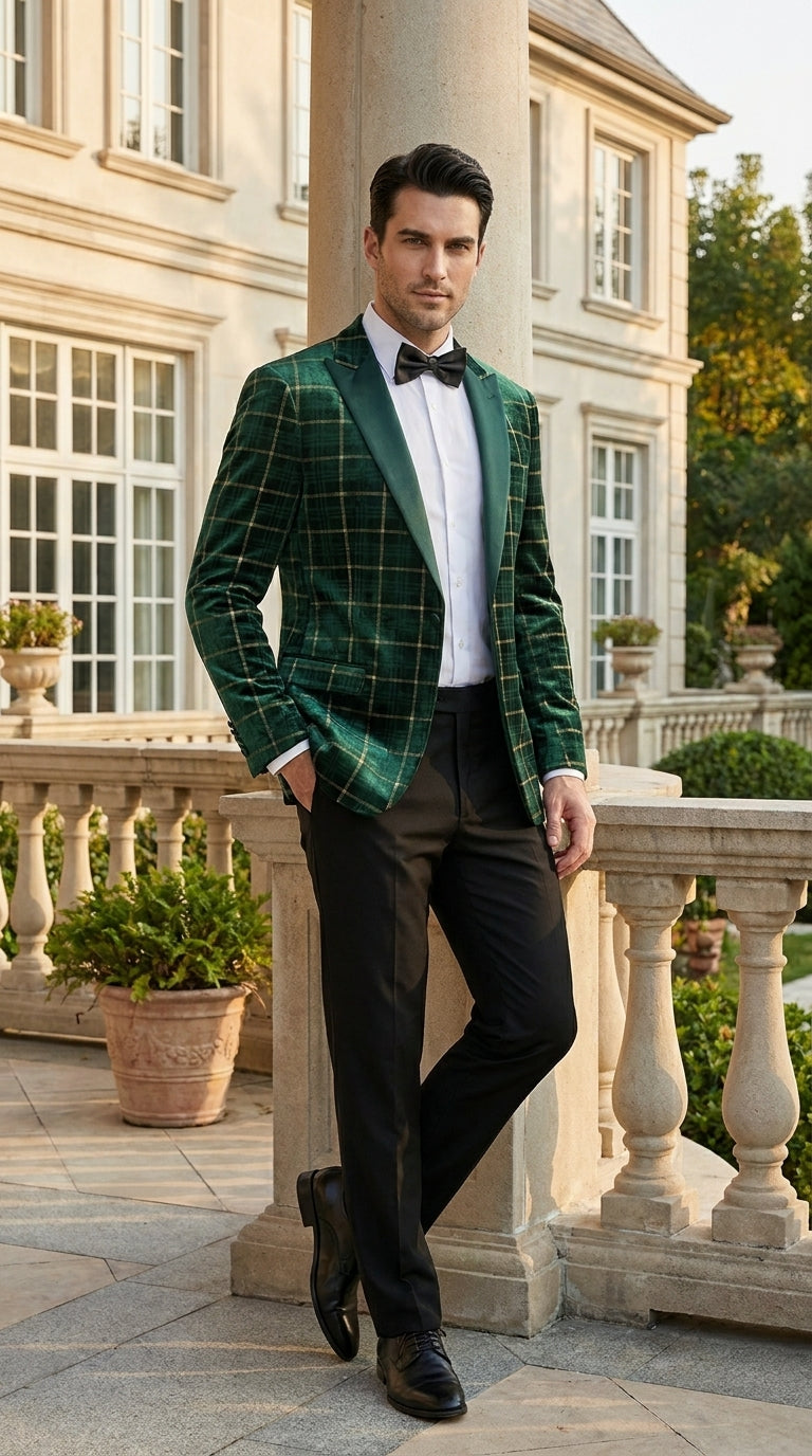 Men’s Green and Gold Plaid Christmas Holiday Blazer – Classic Check Party Jacket for New Year, Wedding and Festive New Year event