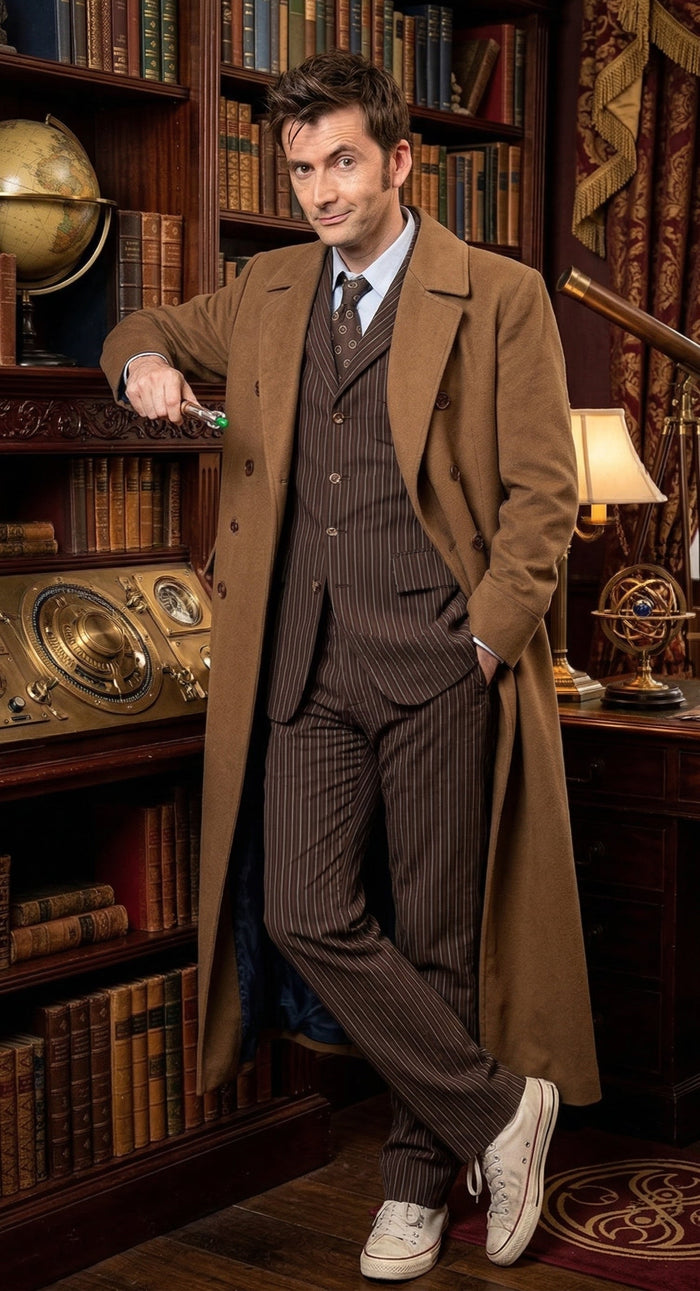 Men’s Brown Cotton Trench Coat Doctor Who 10th Doctor Inspired Long Coat – Classic Gabardina Style Overcoat, Vintage Winter Costume Jacket