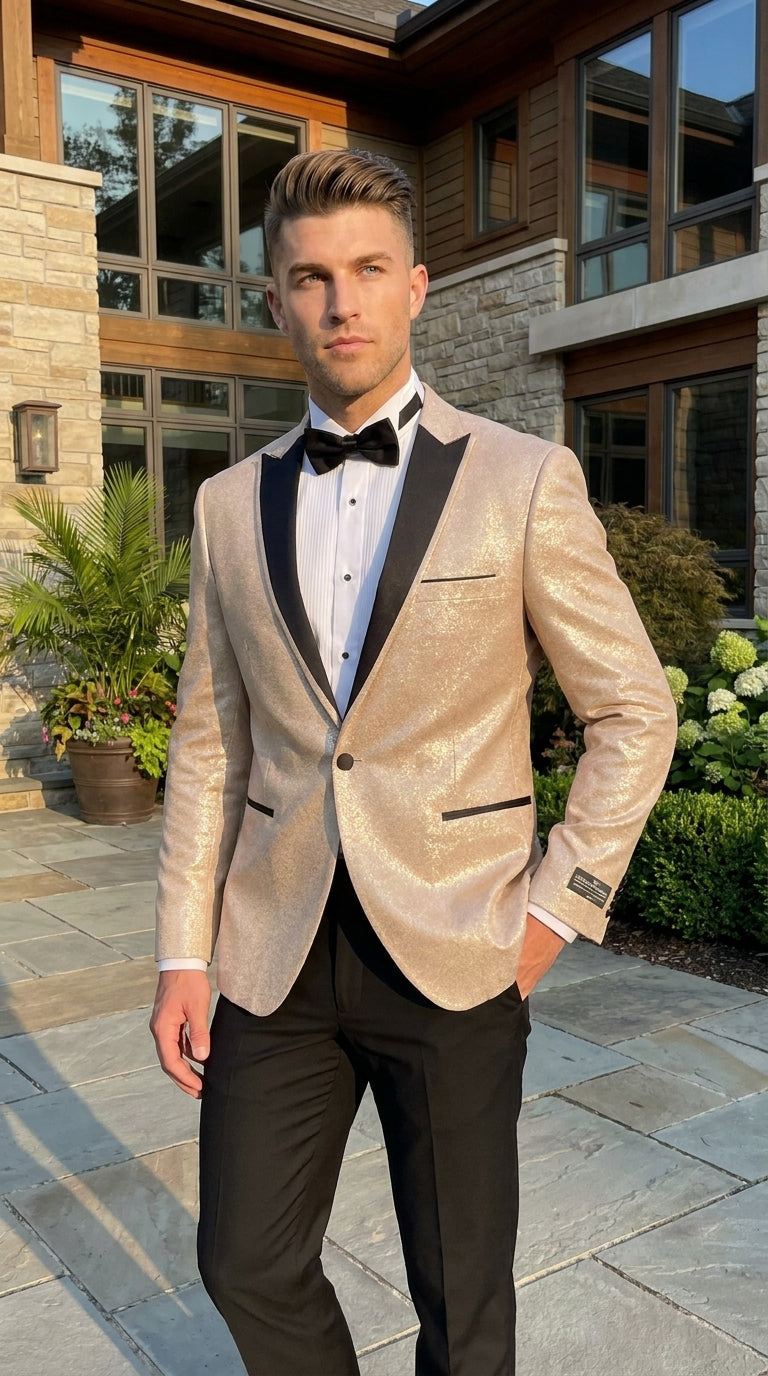 Men’s Gold Blazer with Black Lapel – Elegant Gold Formal Blazer Jacket for Wedding, Prom, Tuxedo in champagne Color