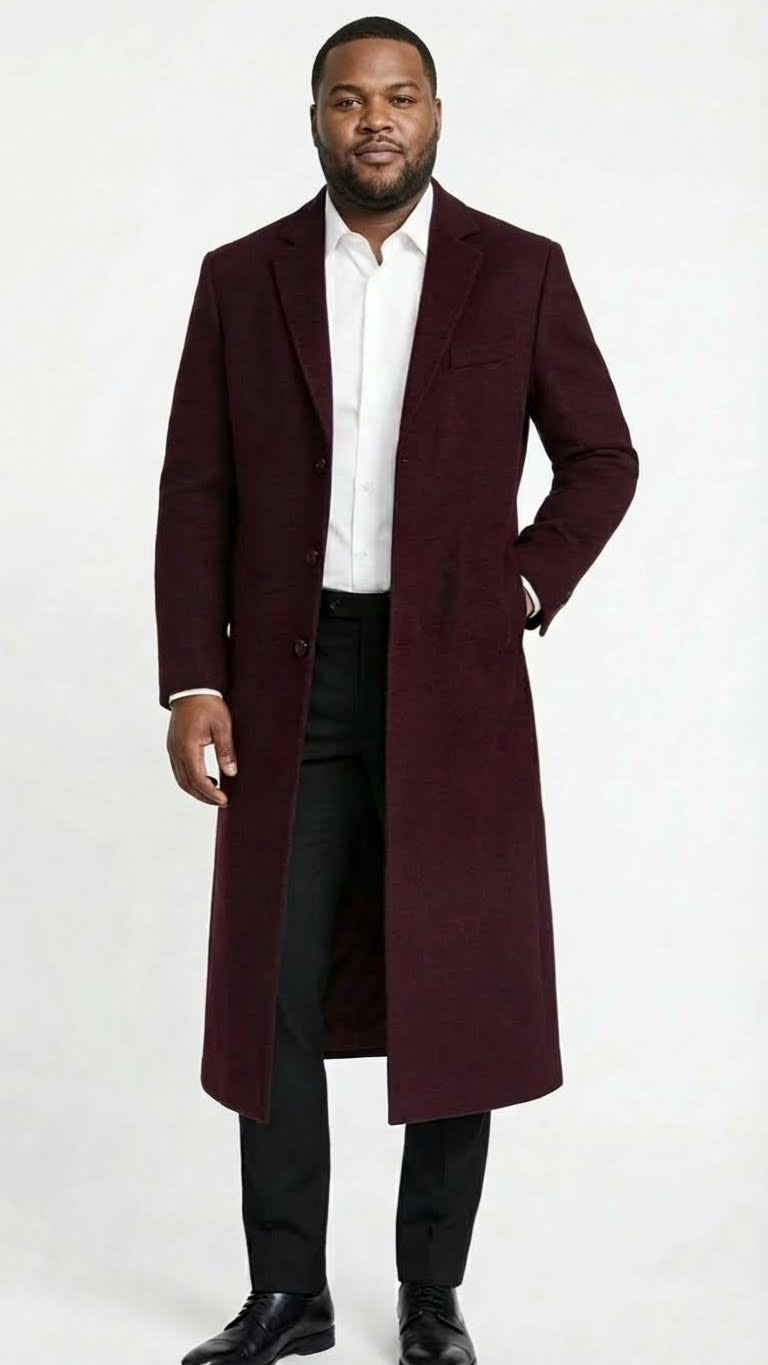 Men's burgundy long coat. Classic fit, wool blend. Single-breasted with button front and notch collar.
