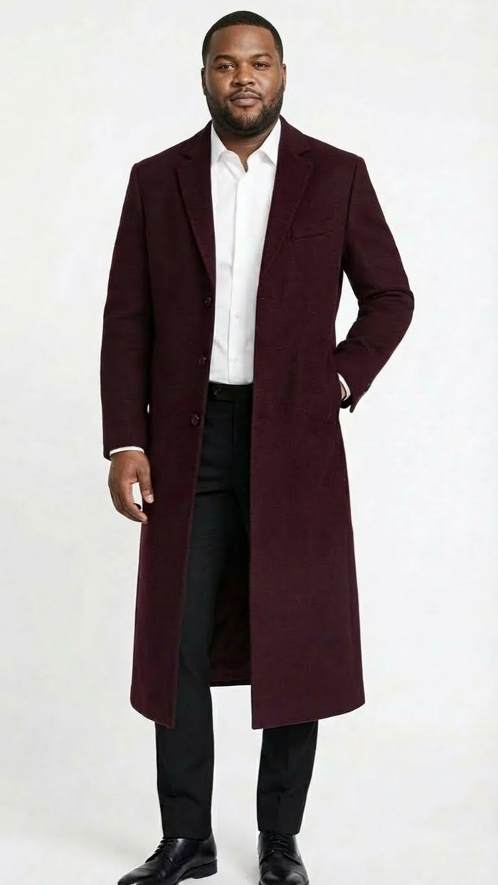 Men's burgundy long coat. Classic fit, wool blend. Single-breasted with button front and notch collar.
