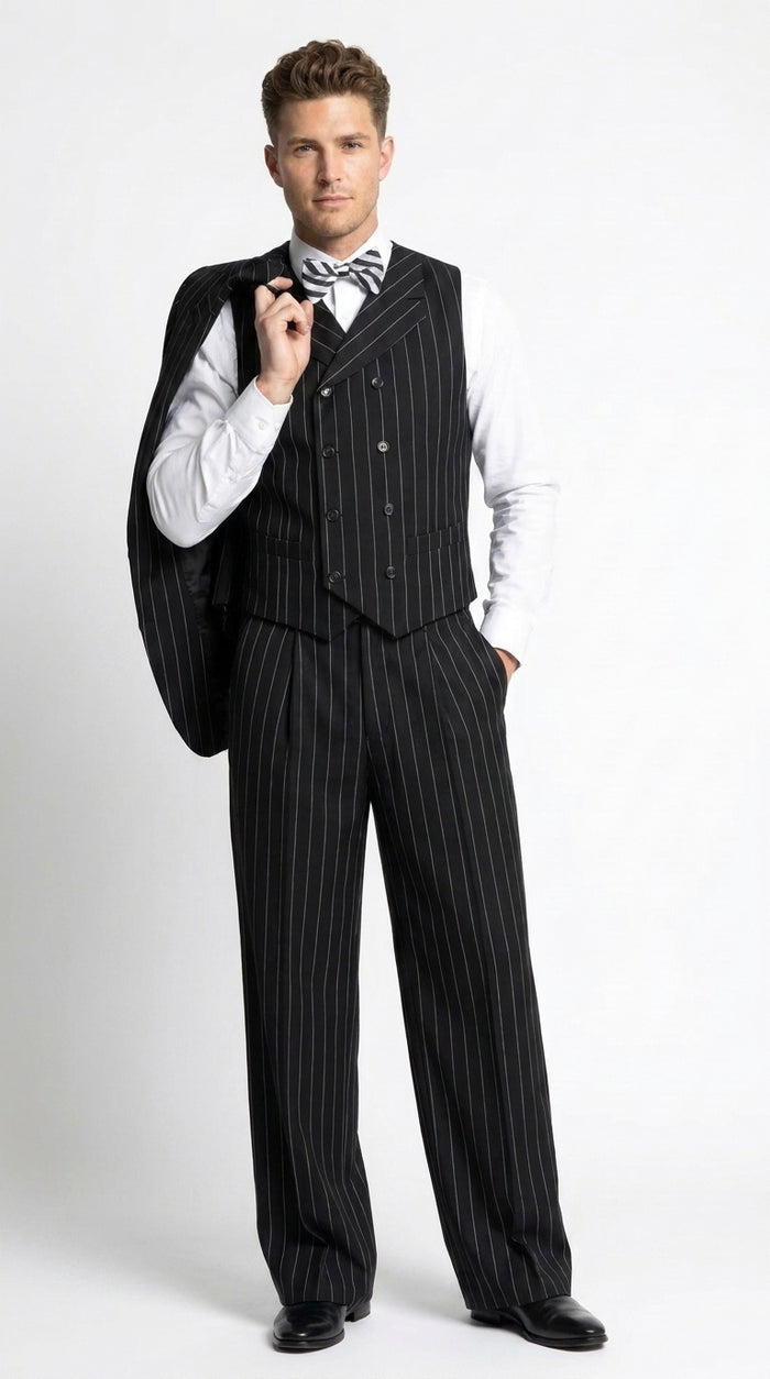 Men’s Black Pinstripe 3-Piece Suit Wool Suit  – Classic Fit Single Button Suit with Wide Leg Pleated Pants By Tiglio Russo