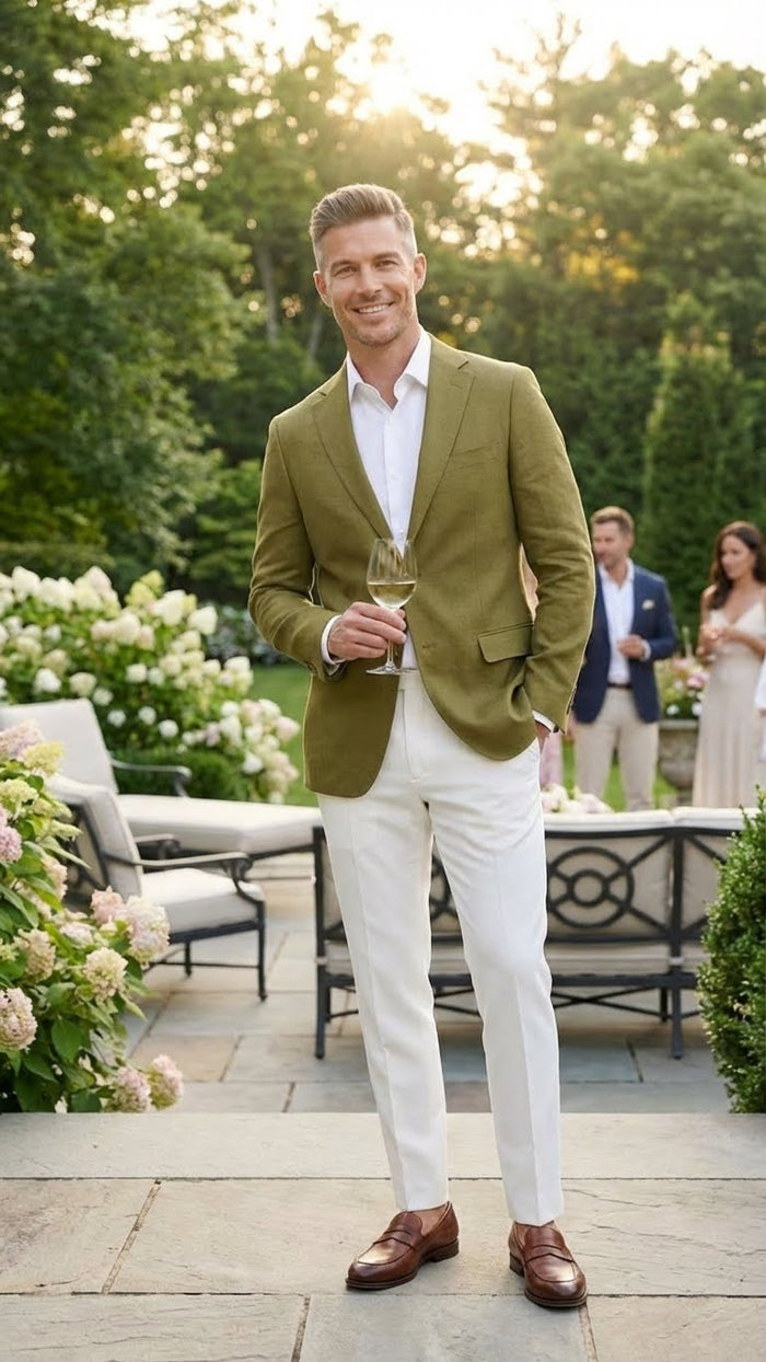 Alberto Nardoni men's olive green blazer. Structured, single-breasted with notched lapels & two pockets. Textured fabric. Paired with white trousers for contrast.
