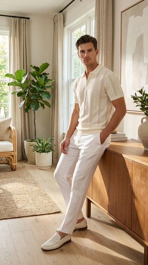 Mens Cream Ivory Off White Knit Walking Suit Set – Lightweight Short Sleeve Shirt and Pants Outfit for Summer, Vacation and Casual Style