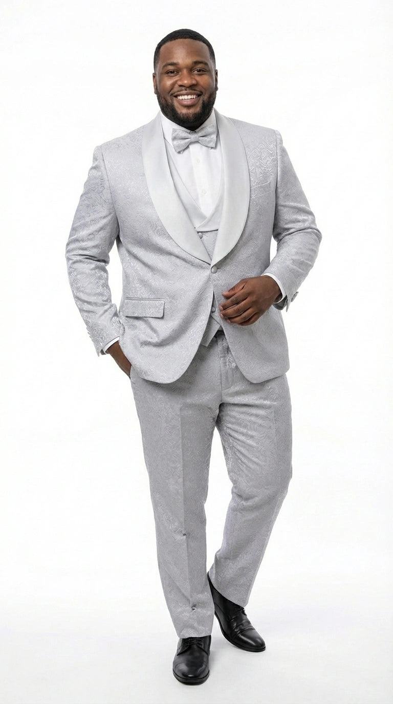 Mens Light Silver Wedding Tuxedo Suit – Paisley Fabric Three Piece Formal Suit Set with Shawl Lapel for Groom, Prom, Gala and ice Grey