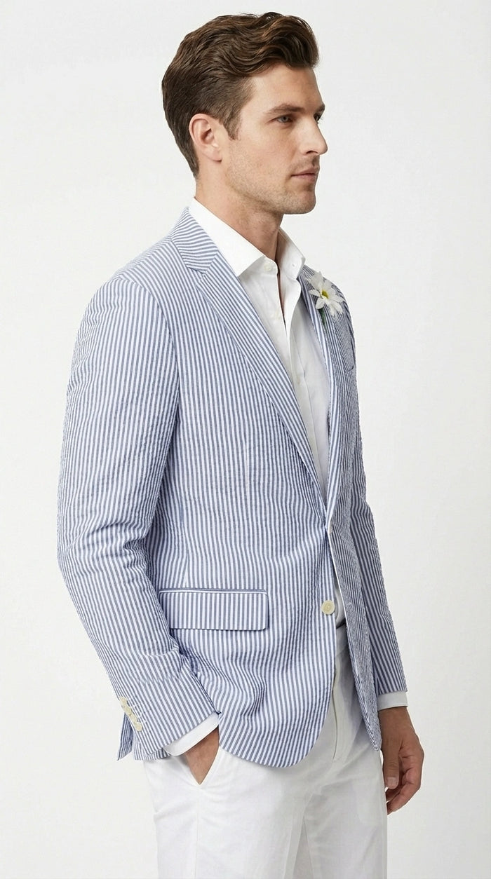 Mens Blue Seersucker Blazer – Lightweight Striped Summer Sport Coat Casual Smart Formal Jacket