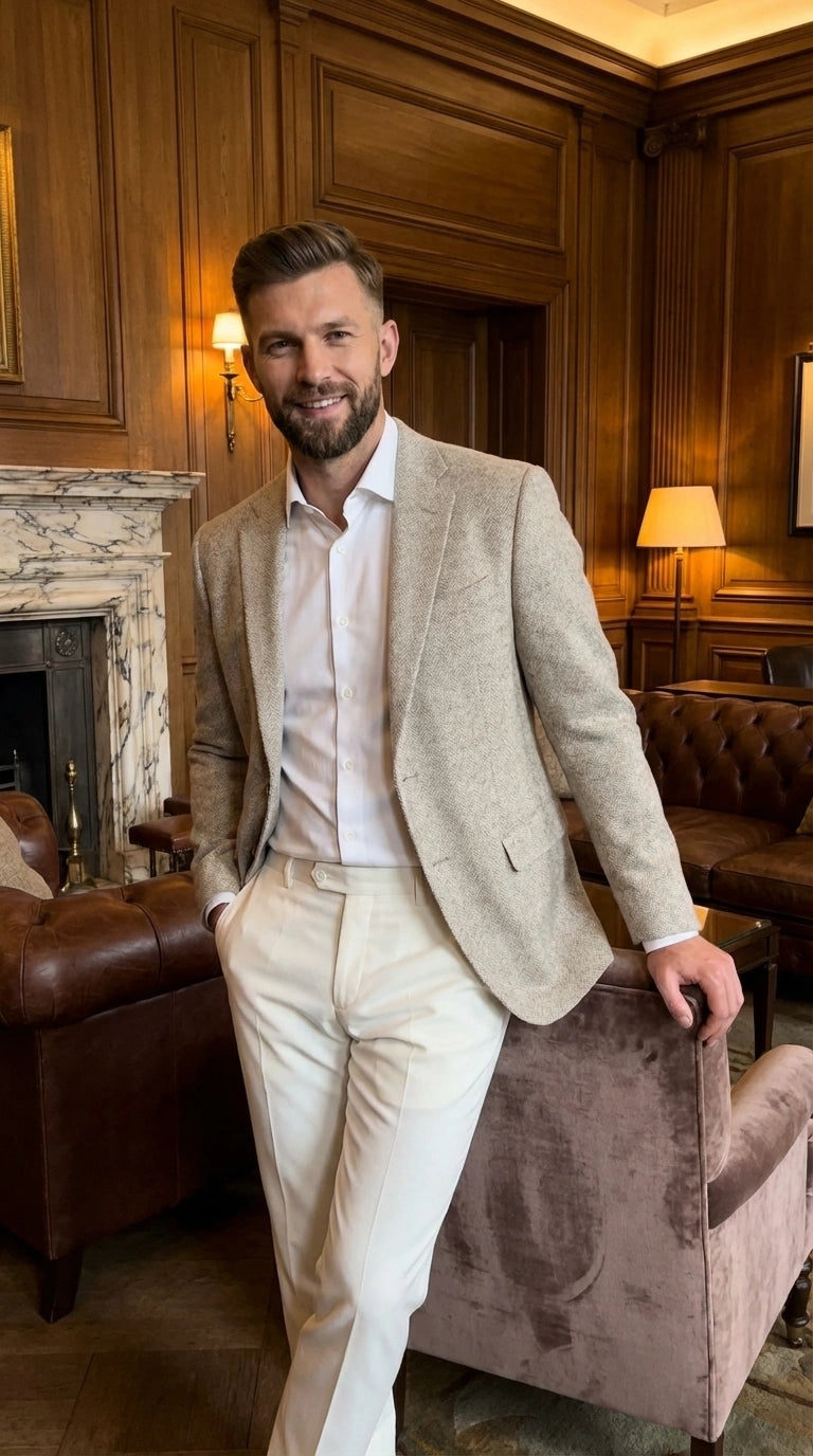 Men’s Light Tan Tweed Blazer – Classic Herringbone Sport Coat, Beige Casual Formal Jacket, Vintage Style Business & Smart Casual Wear