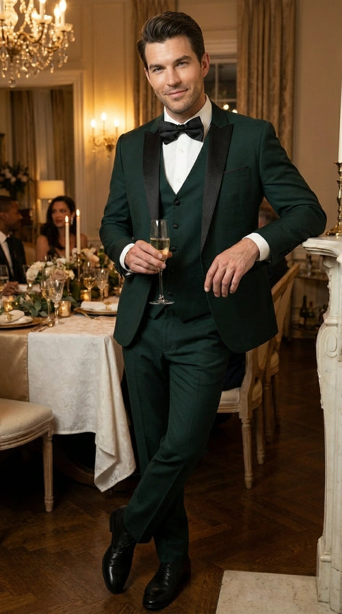 Men’s Hunter Green Tuxedo Suit 3 Piece – One Button Peak Lapel Designer Formal Suit for Wedding,  Light Weight Wool By Statement Dark Green