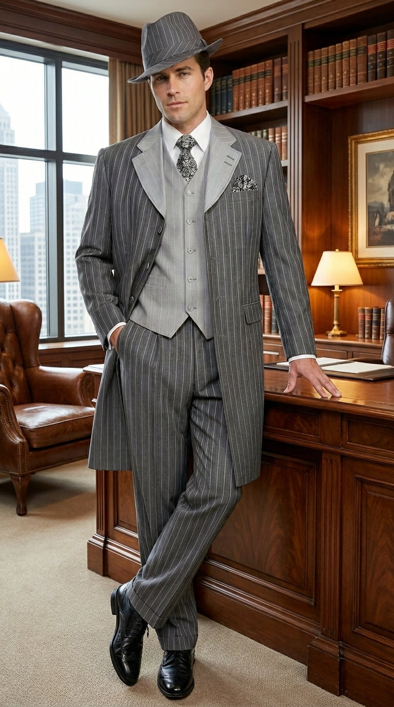 Men's Grey Pinstripe Zoot Suit 3 Piece – 1920s Gangster Vintage